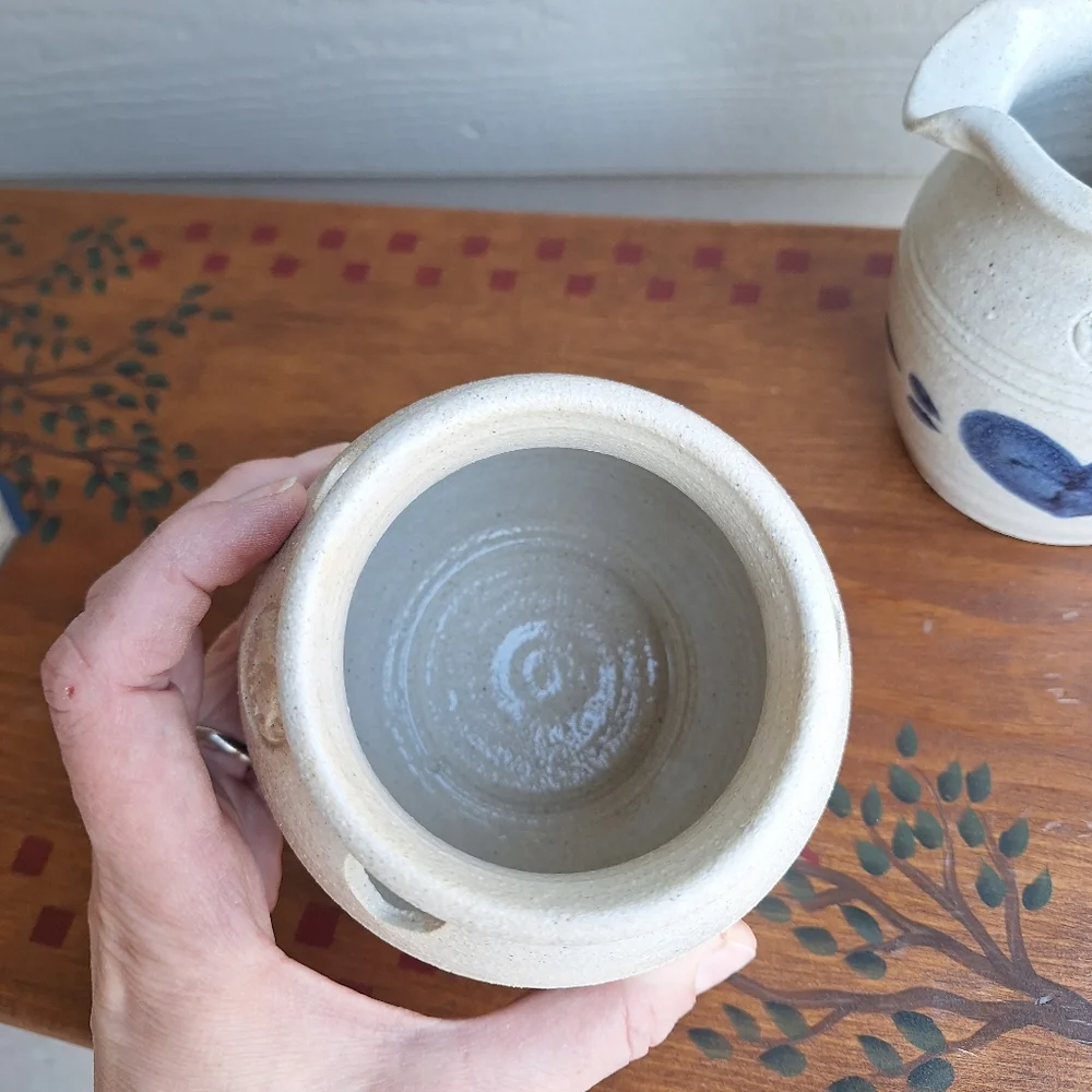 Vintage salt glazed Pinewood Valley stoneware creamer and sugar bowl blue hearts